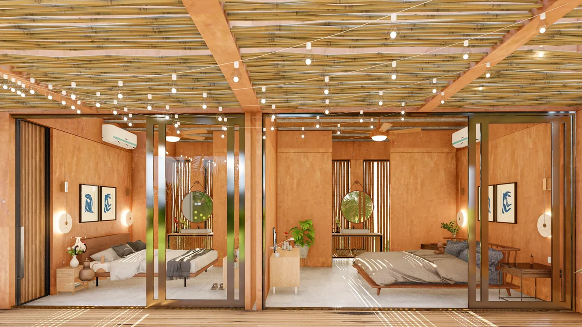 View of Tropical Bedroom at Kabax, showcasing Bamboo Ceiling, Indoor-Outdoor Living.