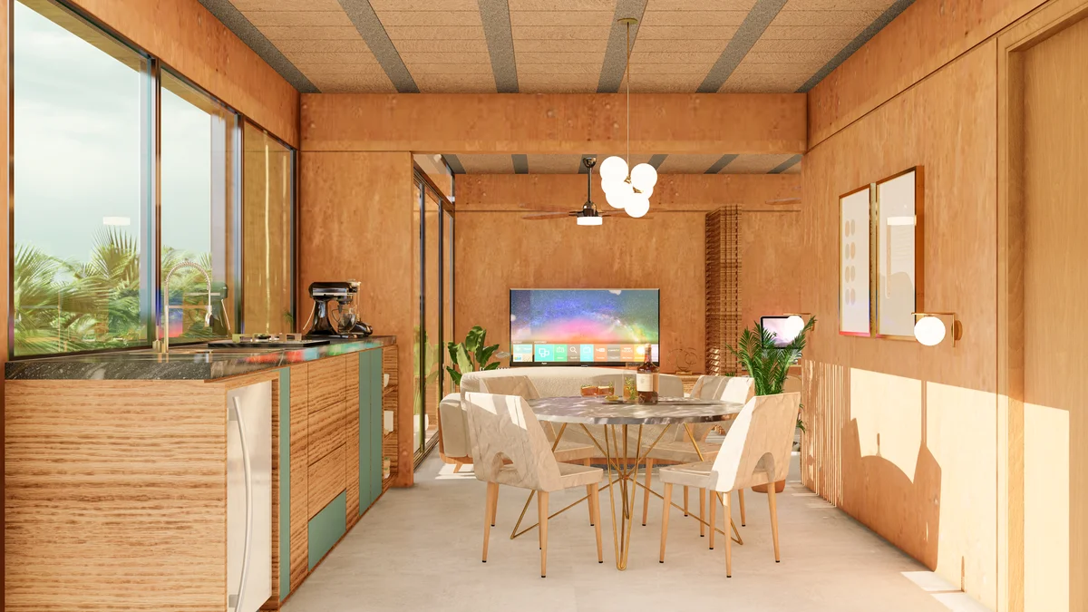 View of Open Concept Living at Kabax, showcasing Modern Interior, Wood Paneling.