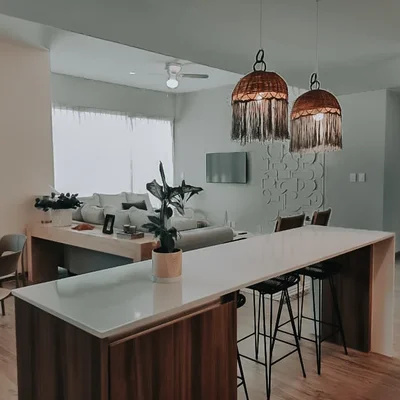 View of Open Concept Living at The Leaf, showcasing Modern Interior Design, Kitchen Island.