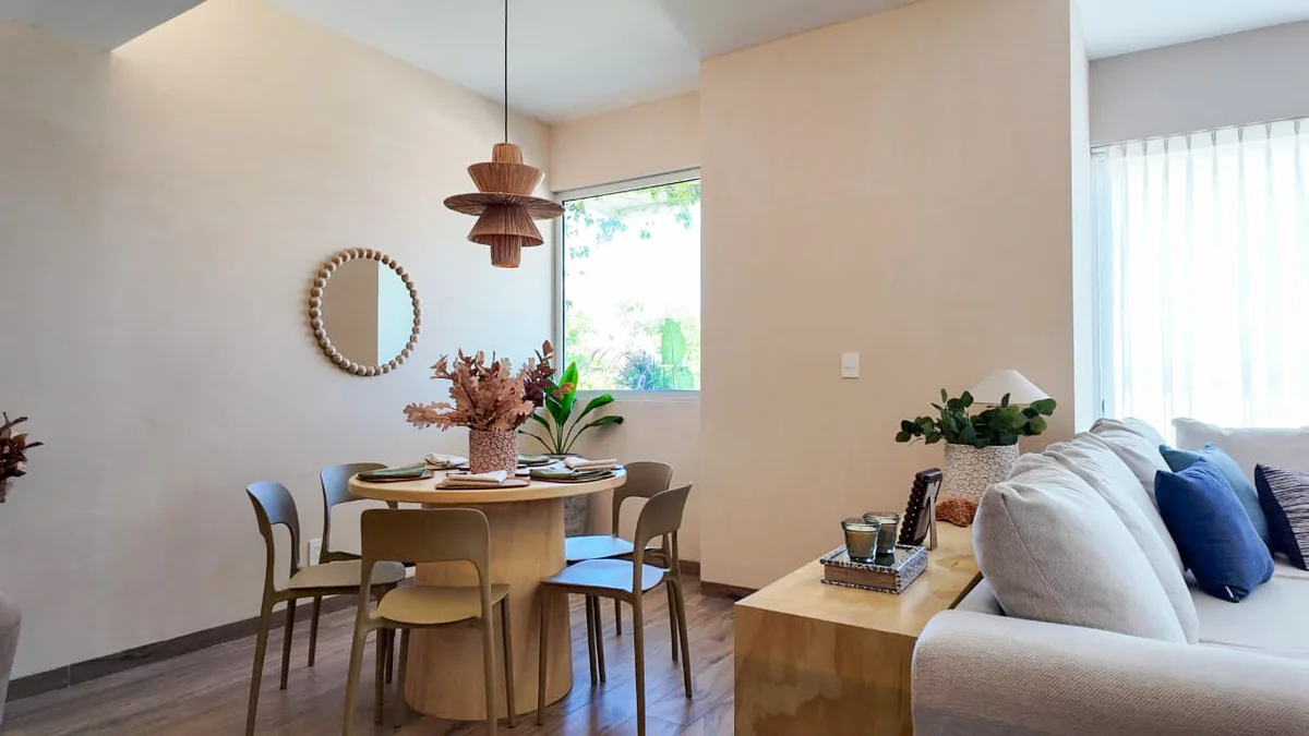 View of Dining Room at The Leaf, showcasing Open Concept Living, Modern Interior.