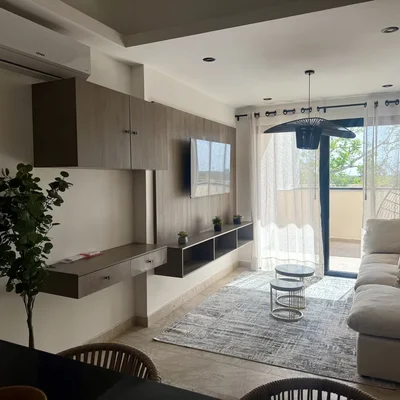 View of Living Room at iX, showcasing Modern Interior, Built-in Entertainment Center.