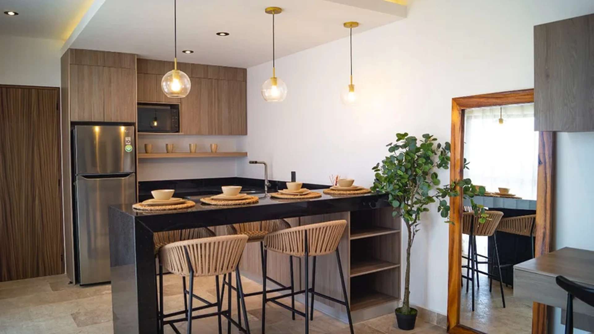 View of Modern Kitchenette at iX, showcasing Breakfast Bar, Pendant Lighting.
