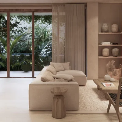 Image of Garden at Ekab Tulum, featuring Modern Living Room, Neutral Interior Design.