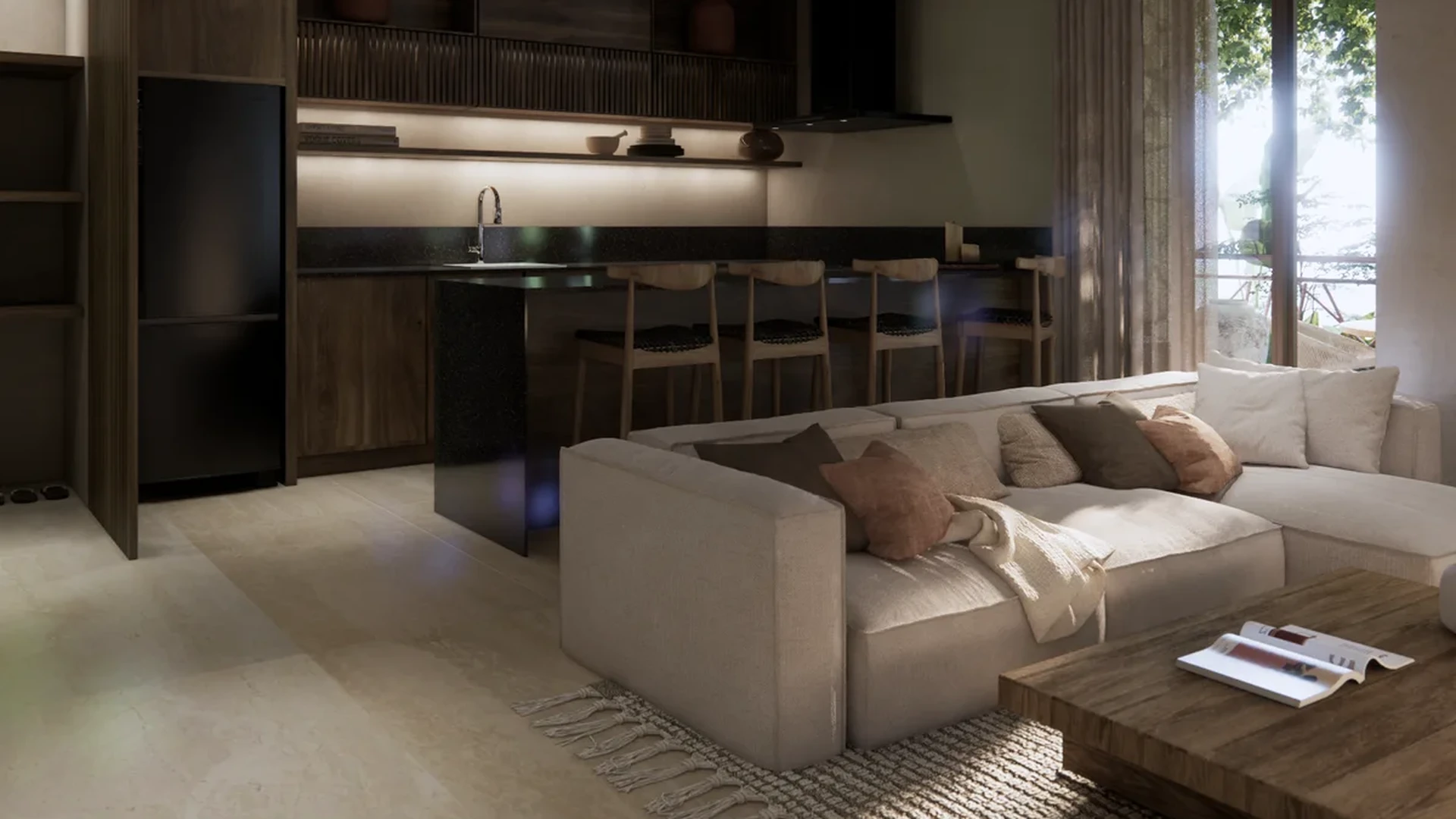 View of Open Concept Living at Ekab Tulum, showcasing Modern Kitchen, Living Room.