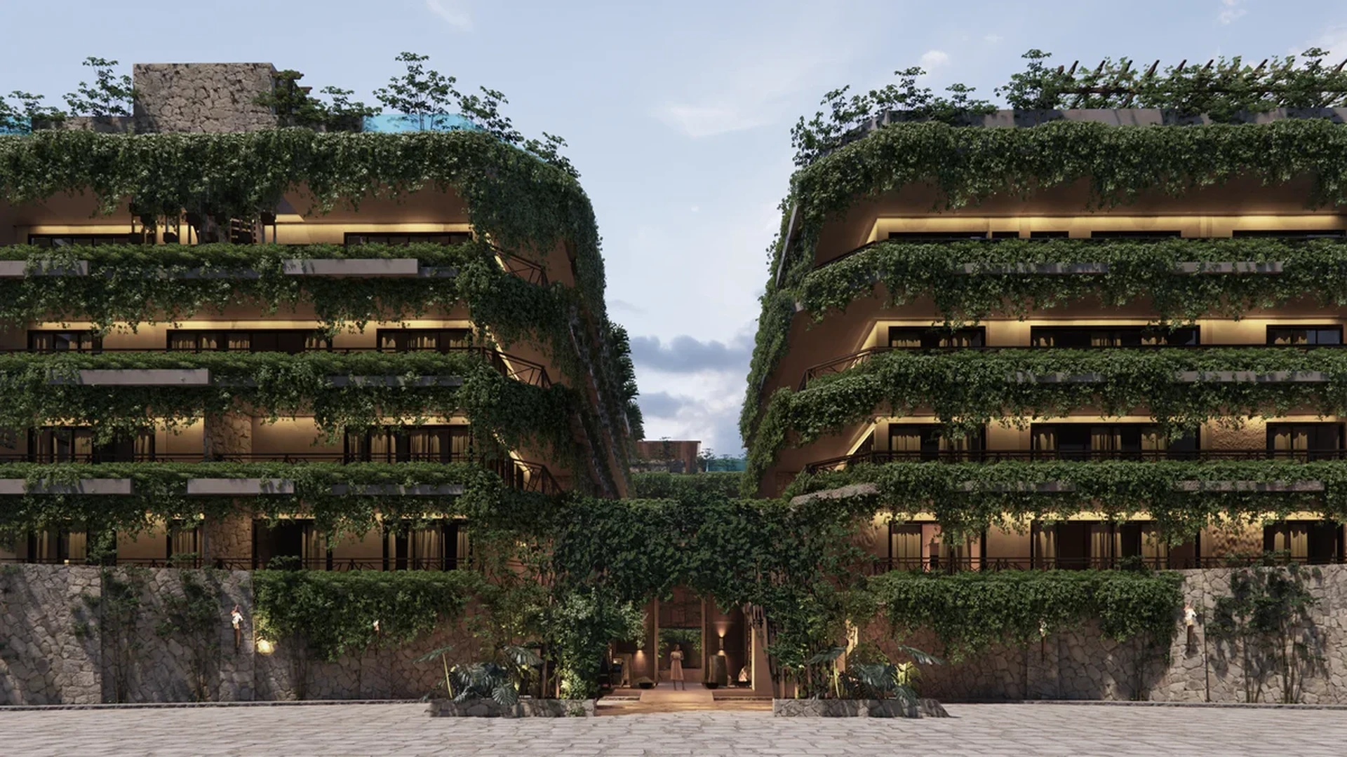 Image of Swimming Pool at Ekab Tulum, featuring Lush Greenery Facade, Modern Eco-Architecture.