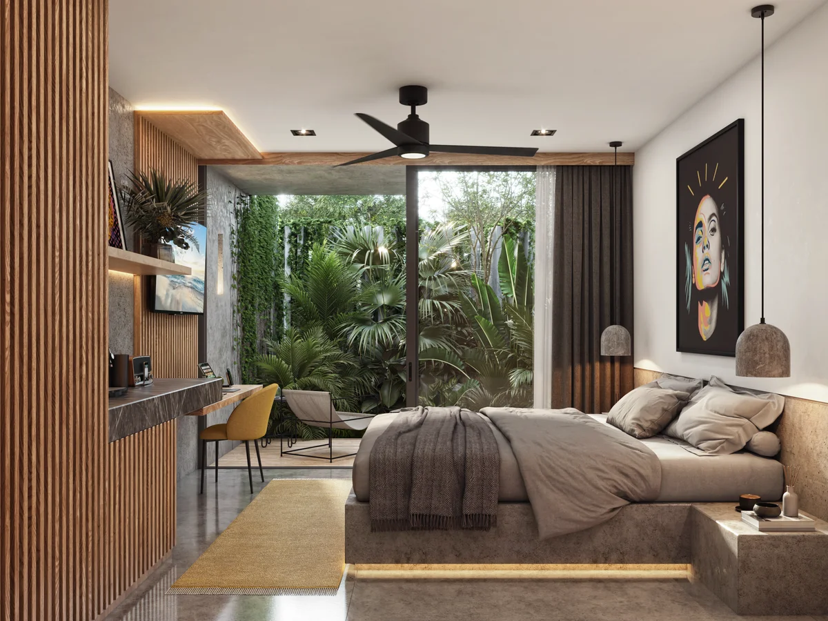 Image of Garden at The Tribe, featuring Modern Bedroom, Wood Accent Wall.