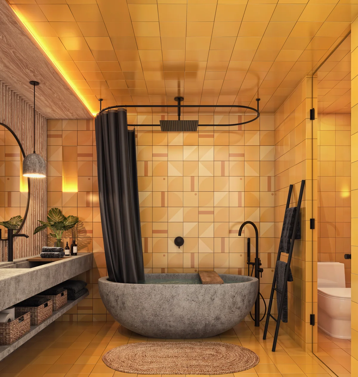 View of Modern Bathroom at The Tribe, showcasing Designer Bathroom, Freestanding Tub.