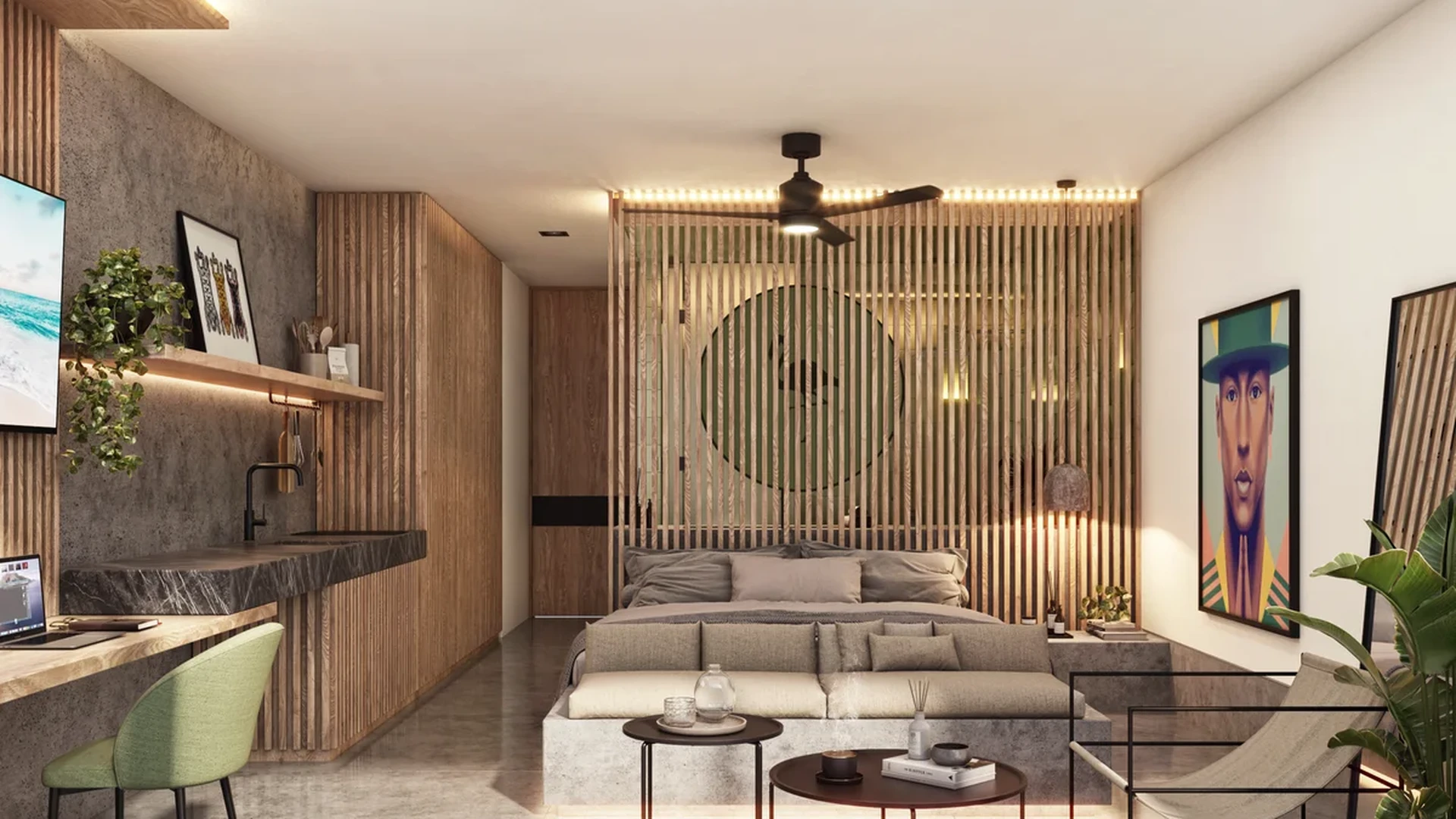 View of Modern Bedroom Design at The Tribe, showcasing Studio Apartment, Wood Slat Wall.