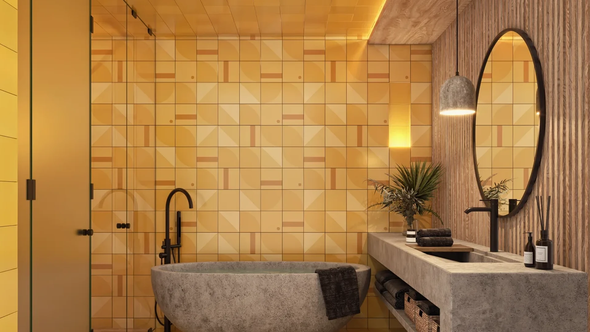 View of Modern Bathroom at The Tribe, showcasing Freestanding Bathtub, Yellow Tile.