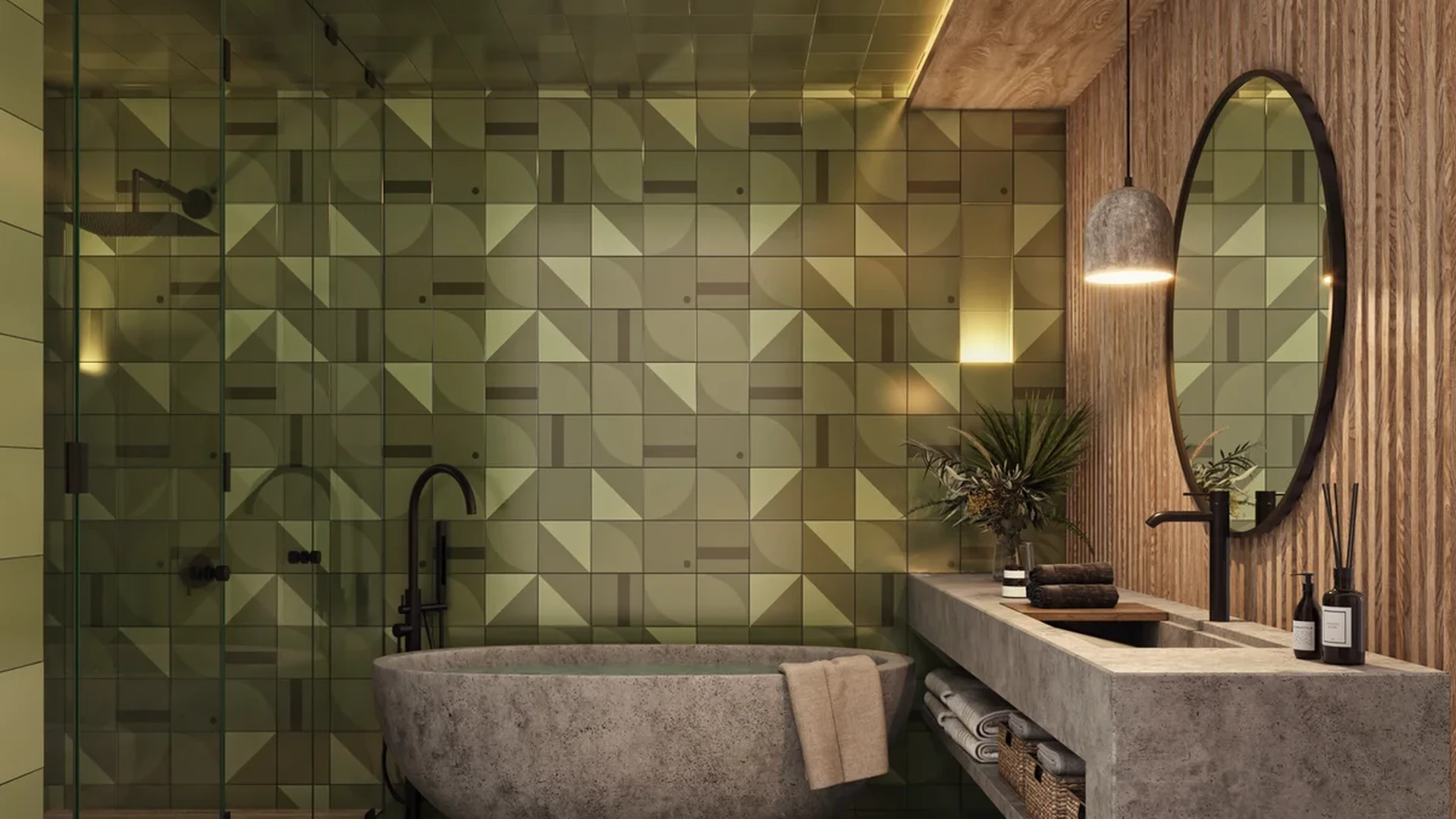 View of Modern Bathroom at The Tribe, showcasing Freestanding Stone Tub, Walk-in Glass Shower.