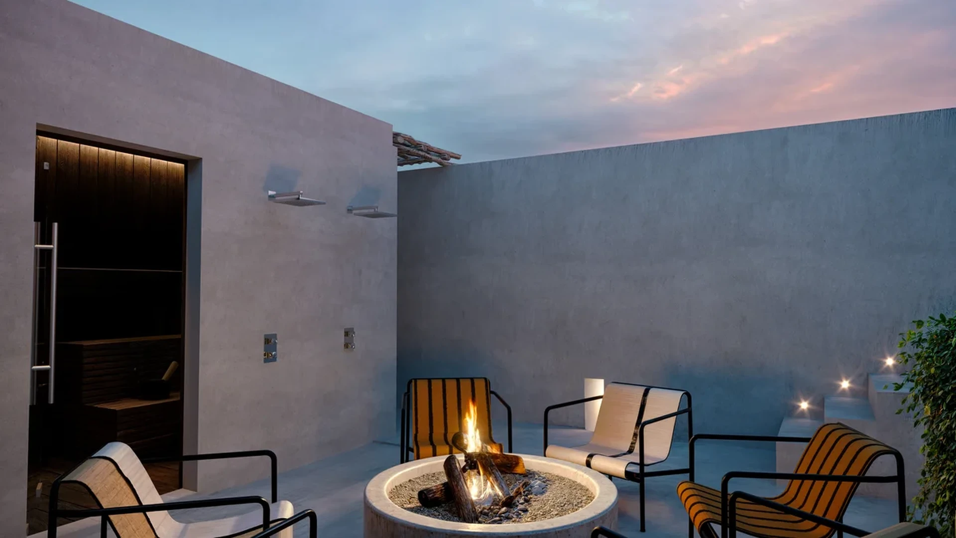 Image of a Private Terrace, featuring Fire Pit Lounge and Private Sauna.