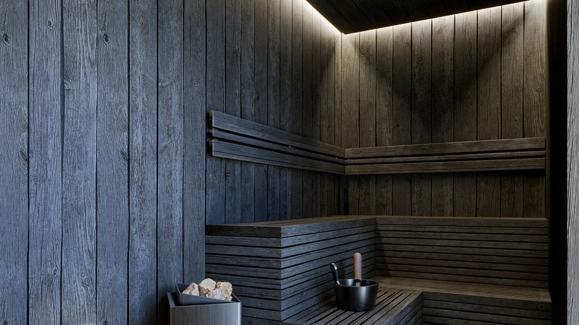 Image of a Private Sauna, featuring Modern Sauna and Dark Wood Interior.