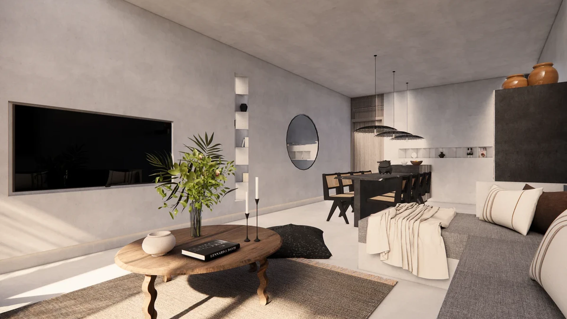 Image of a Open-Concept Living, featuring Japandi Style and Plaster Walls.