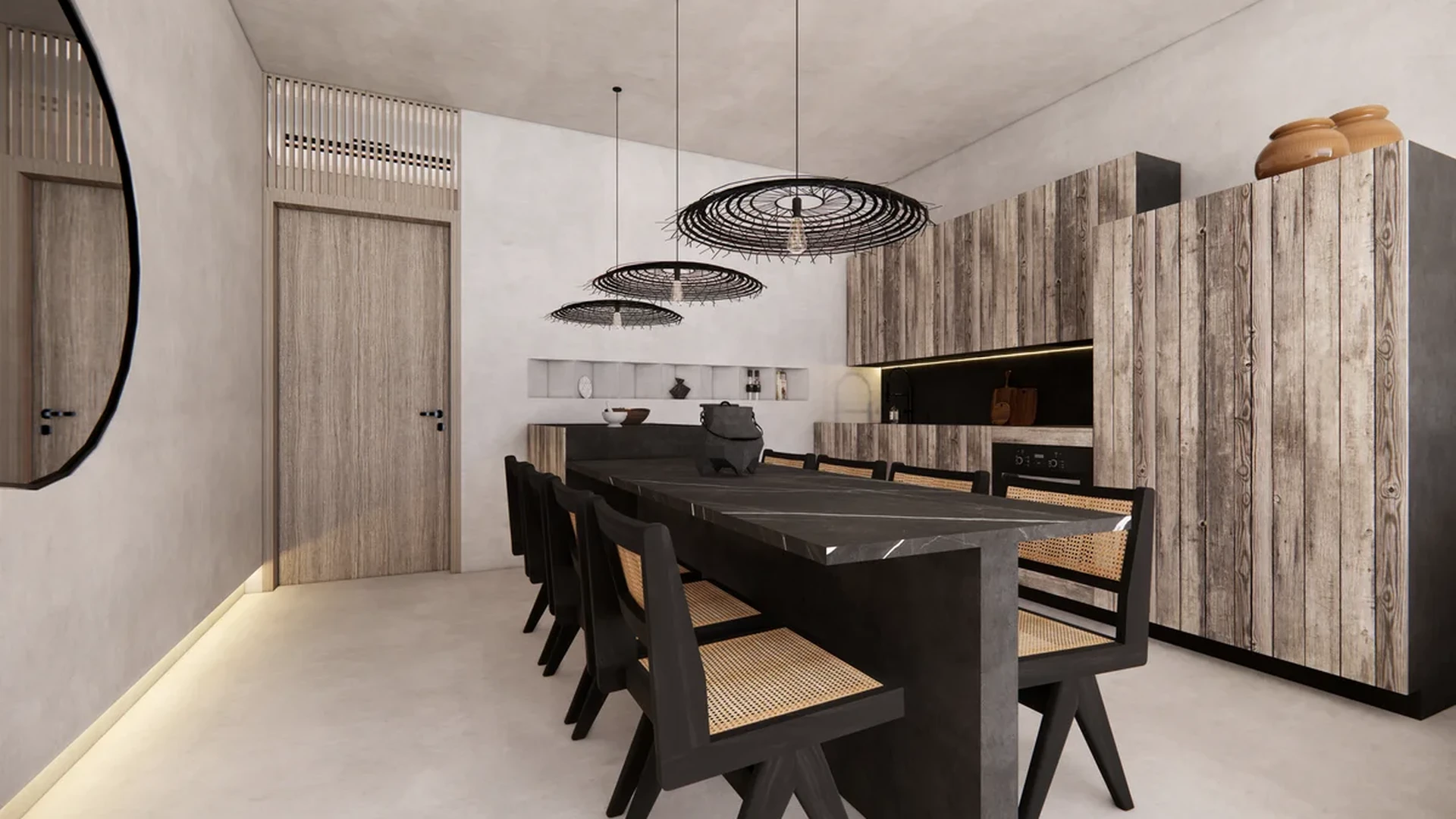 Image of a Modern Dining Room, featuring Japandi Style and Rustic Wood Cabinetry.