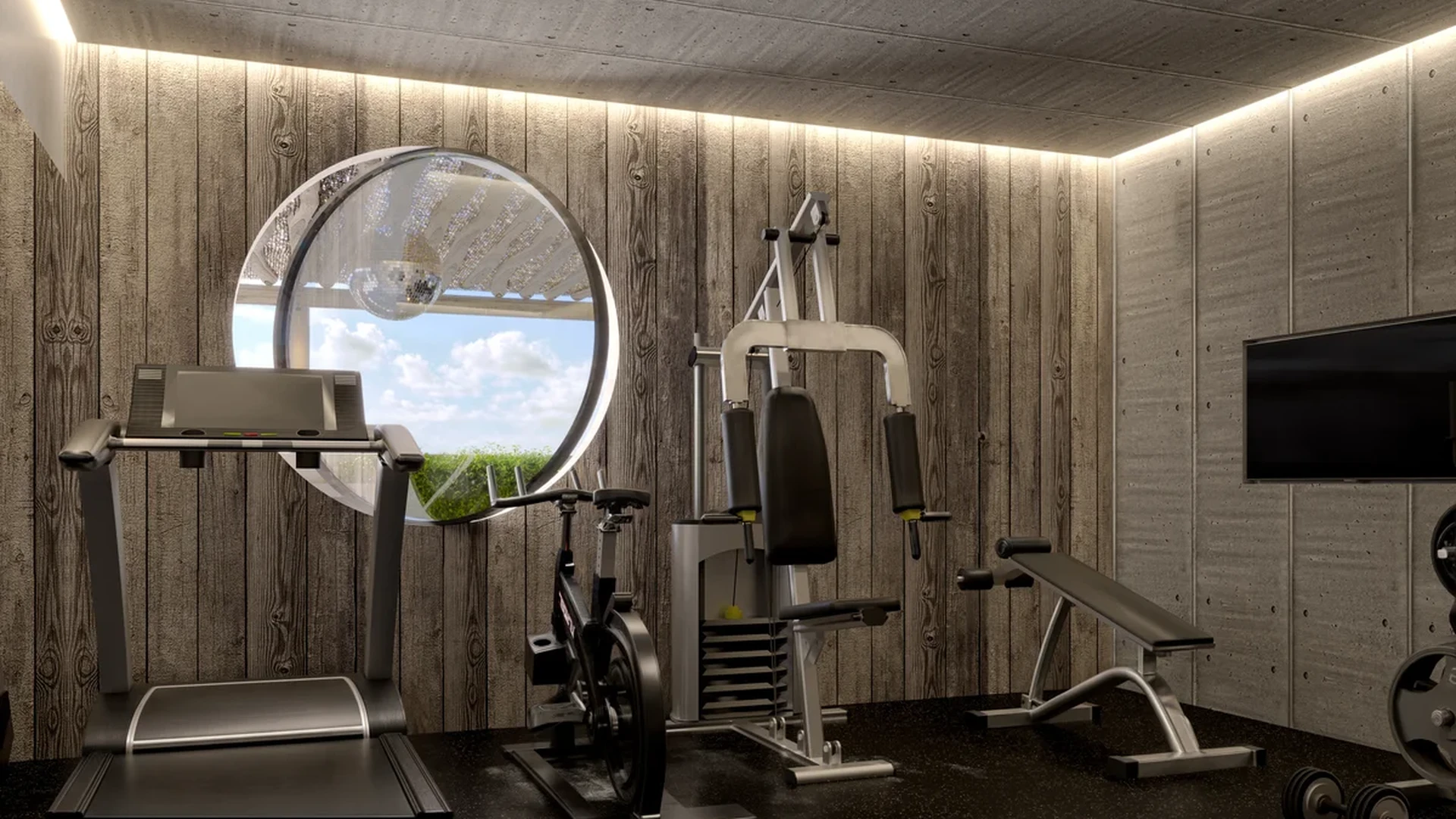 Image of a Home Gym, featuring Fitness Equipment and Wood Paneling.