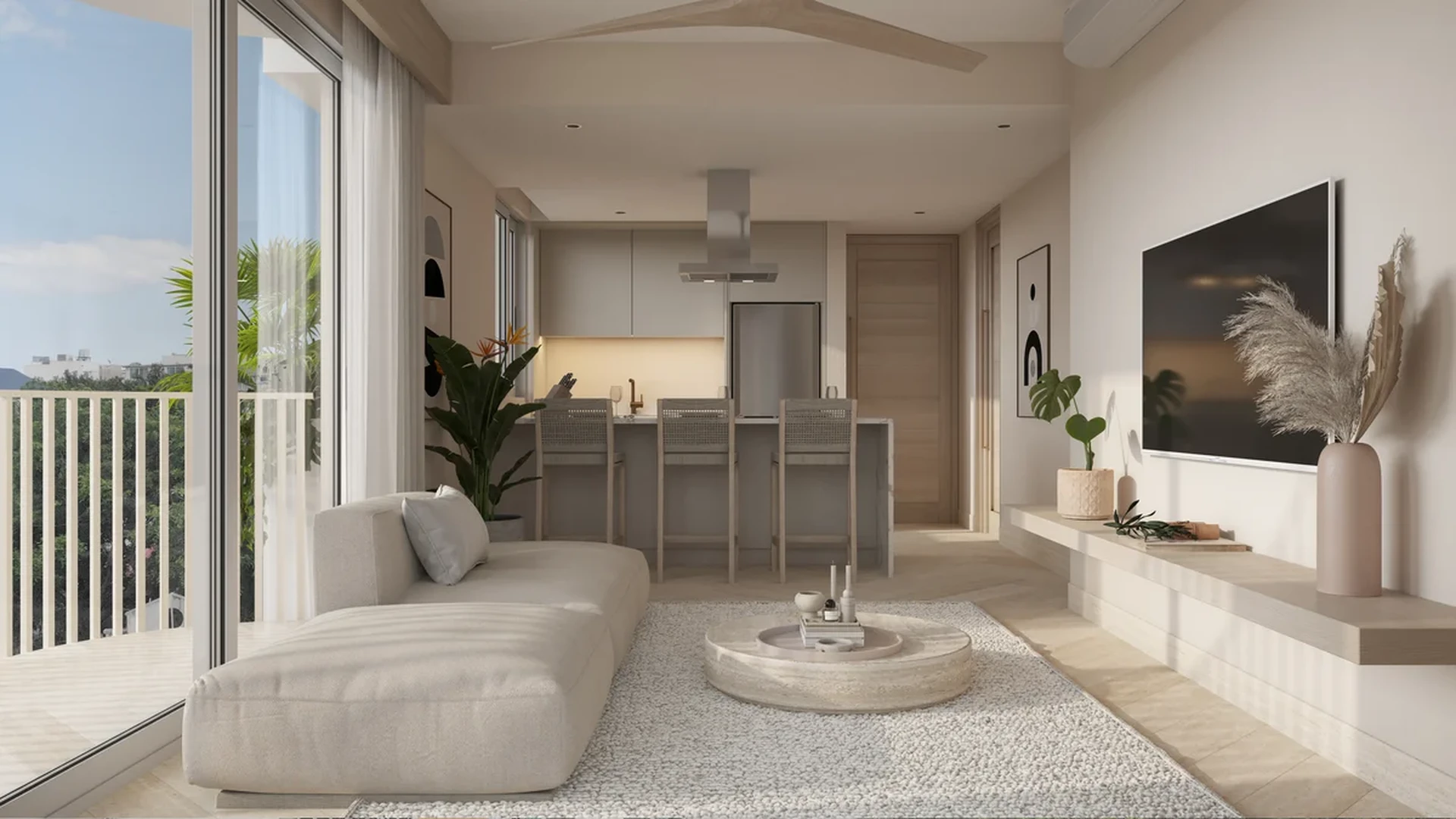 View of Modern Living Room at Central Park 2, showcasing Open Concept Kitchen, Natural Light.