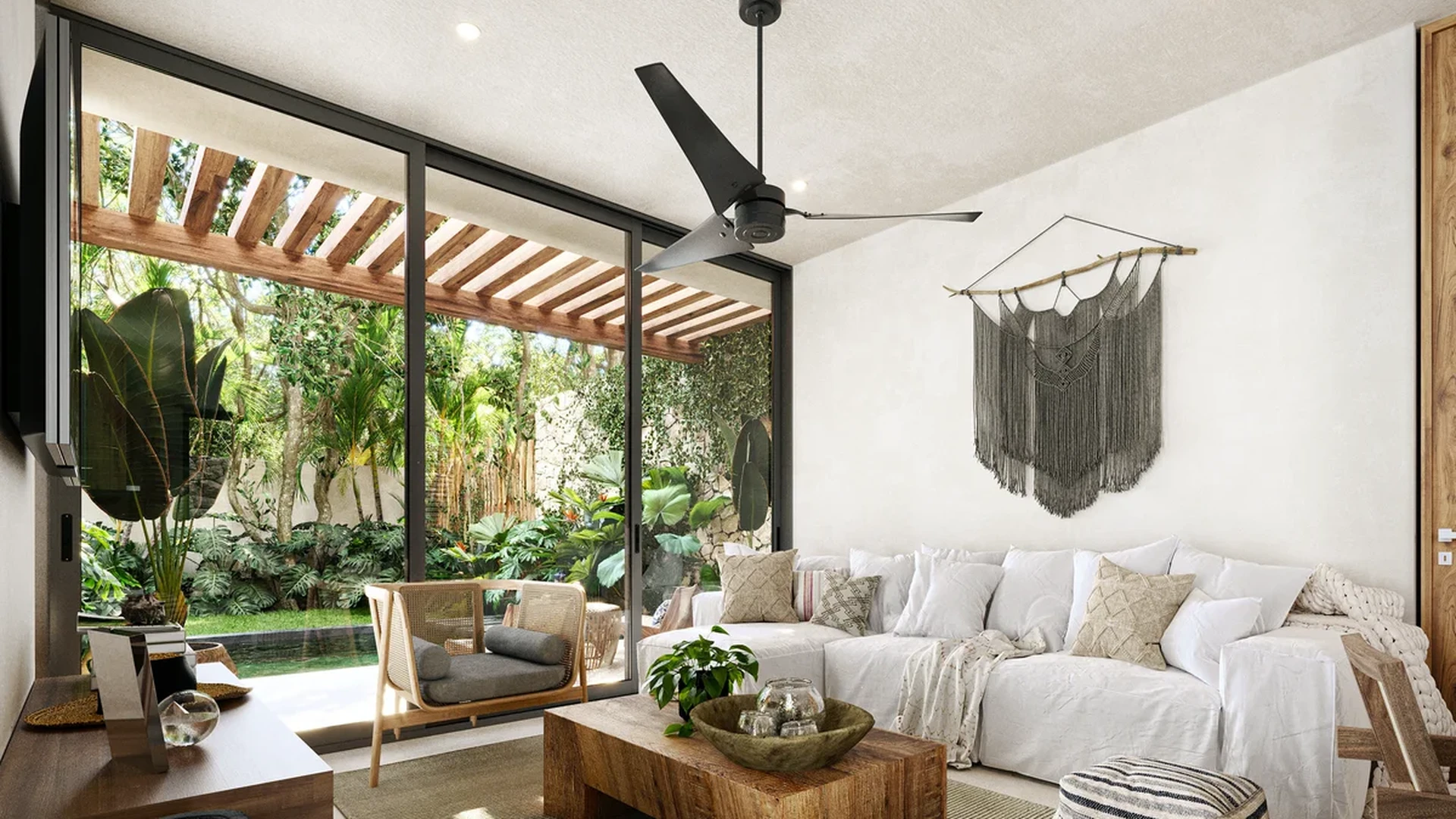 Image of Swimming Pool at Junglar, featuring Boho Chic Living Room, Indoor-Outdoor Living.