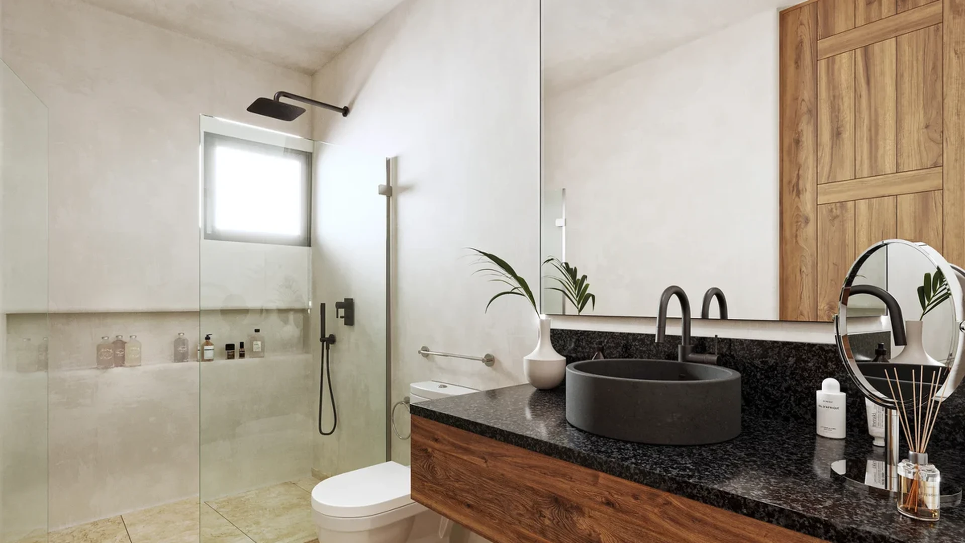 View of Modern Bathroom at Junglar, showcasing Walk-in Shower, Floating Vanity.