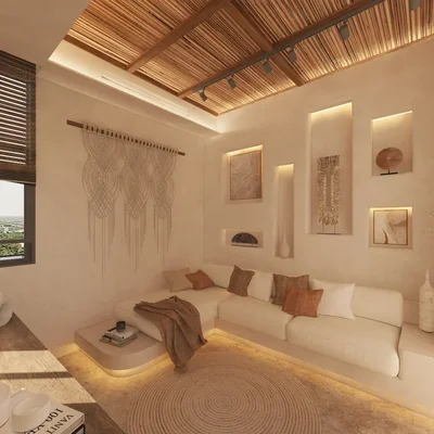 View of Japandi Style Living Room at Kahya, showcasing Boho Chic Decor, Wood Slat Ceiling.