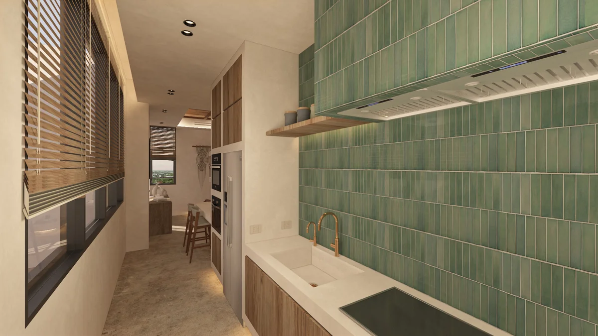 View of Galley Kitchen at Kahya, showcasing Modern Design, Green Tile Backsplash.