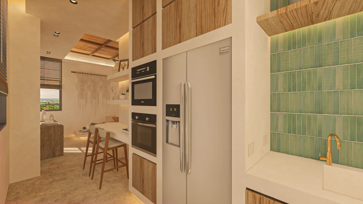 View of Modern Kitchen at Kahya, showcasing Wood Cabinetry, Stainless Steel Appliances.