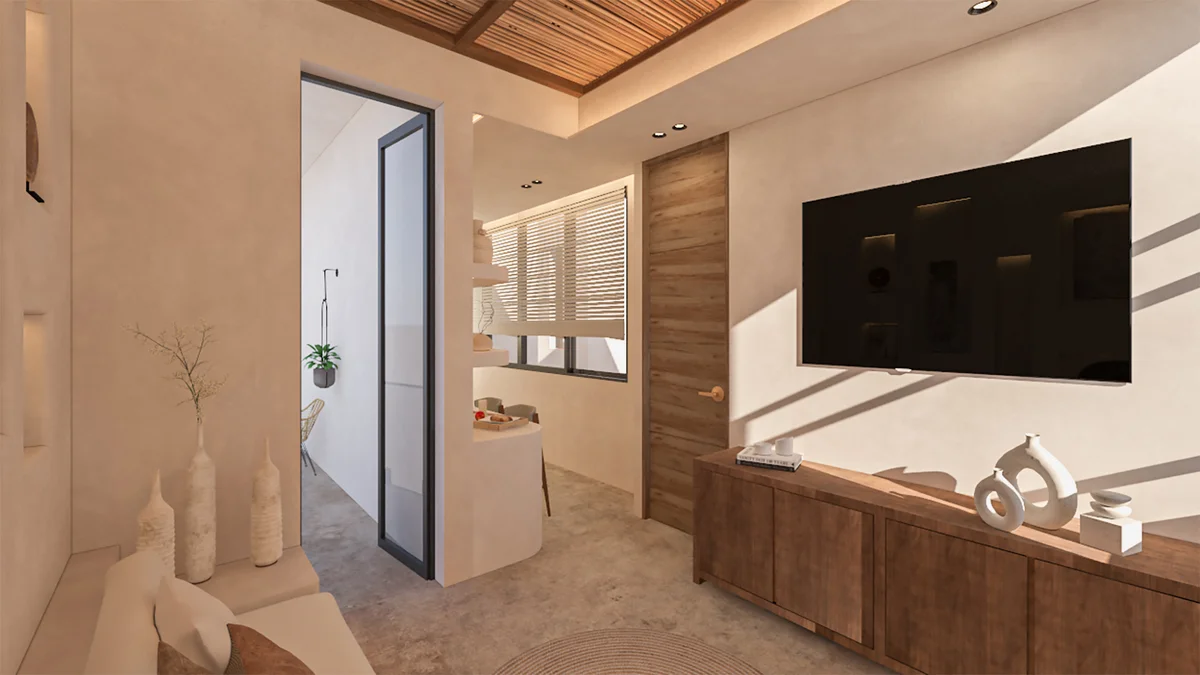 View of Modern Living Room at Kahya, showcasing Neutral Tones, Natural Light.