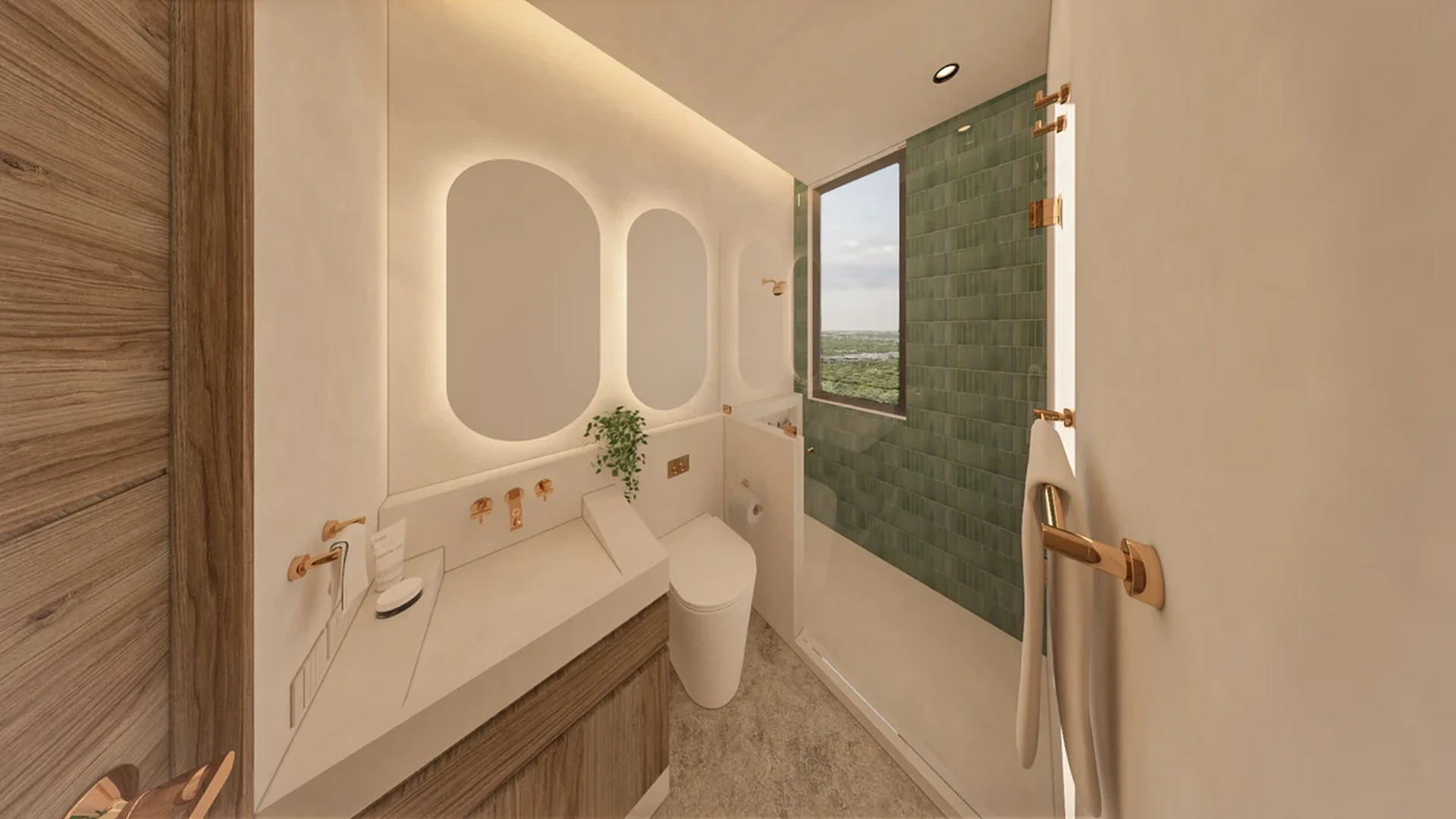 View of Modern Bathroom at Kahya, showcasing Walk-in Shower, Backlit Mirror.
