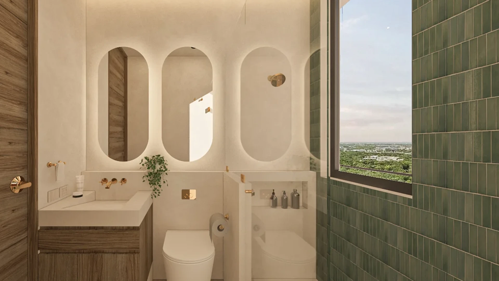 View of Modern Bathroom at Kahya, showcasing Designer Bathroom, Green Tile Wall.