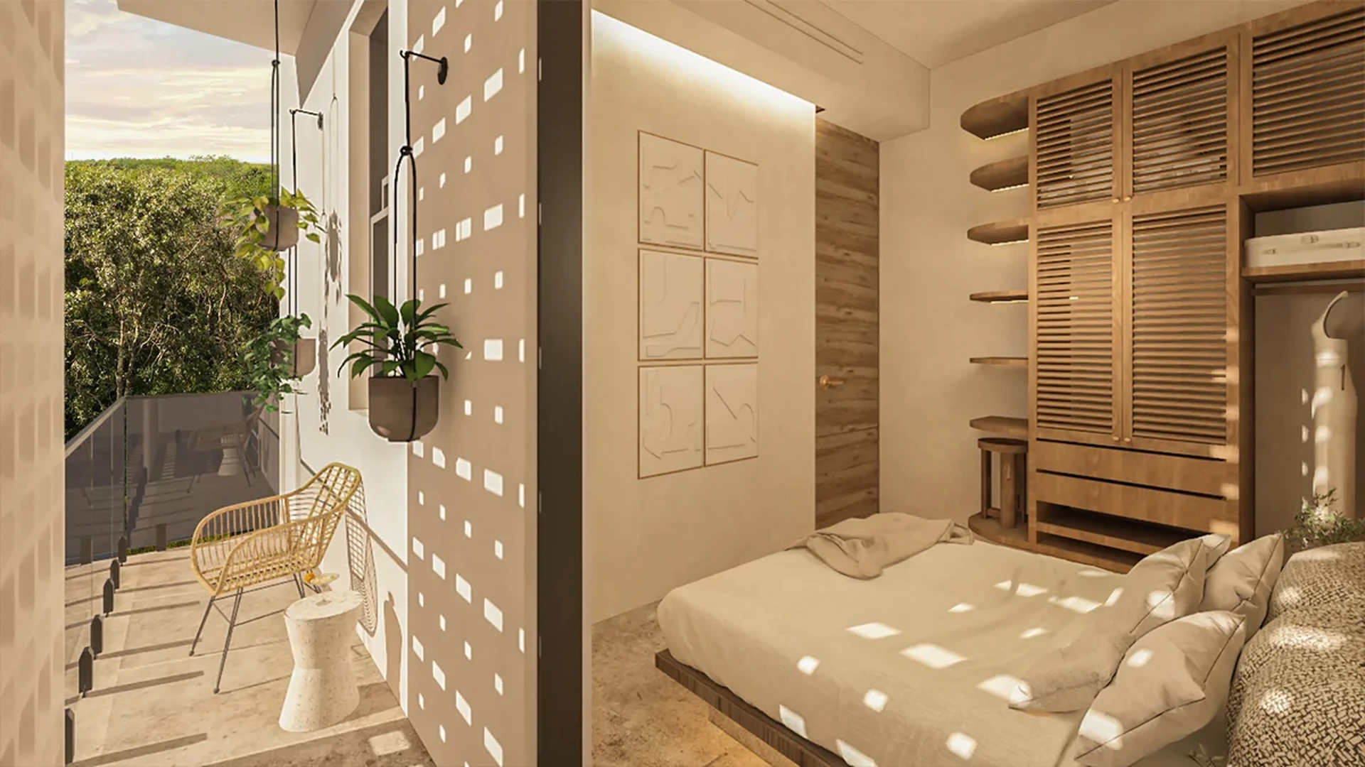 View of Modern Bedroom at Kahya, showcasing Private Balcony, Natural Light.