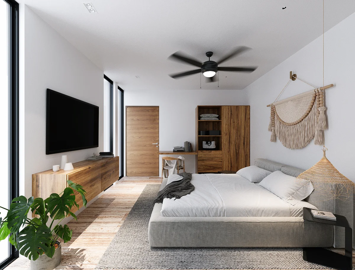 View of Modern Bedroom at Maresol, showcasing Bohemian Decor, Natural Light.