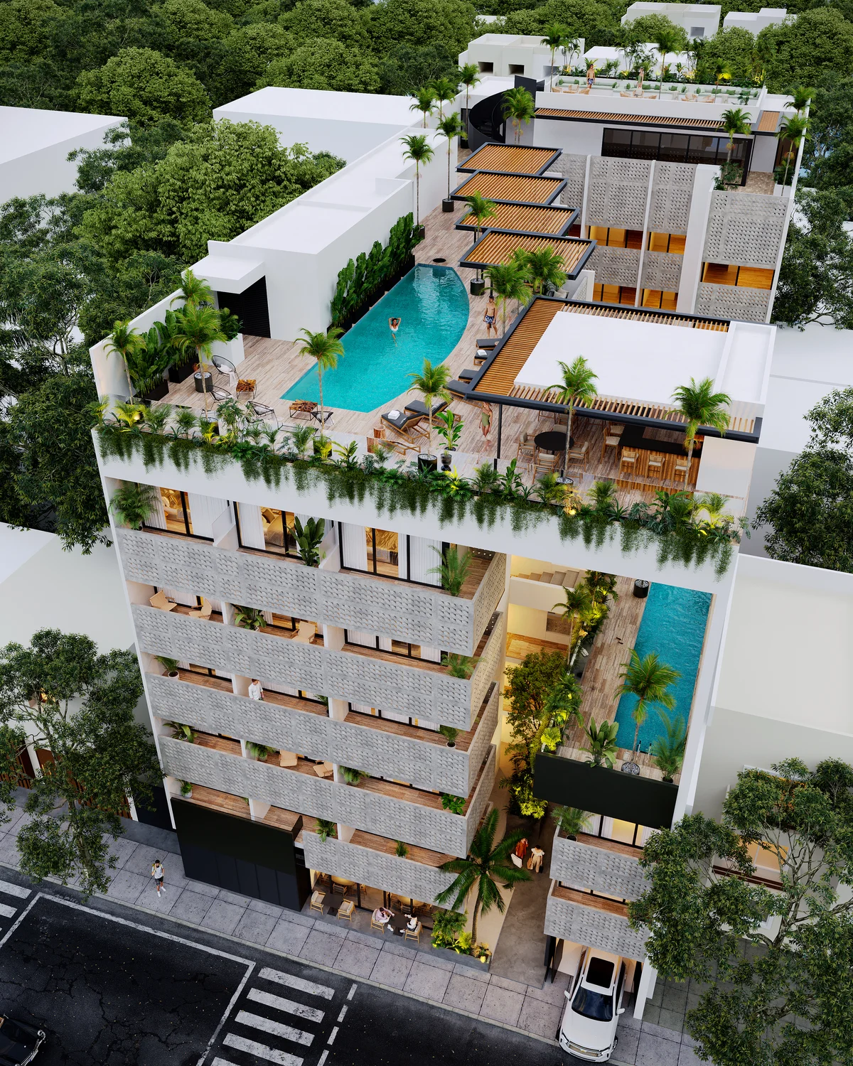Image of Swimming Pool at Maresol, featuring Architectural Rendering, Modern Apartment Building.
