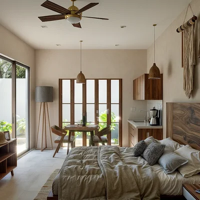 View of Studio Apartment at Muwan, showcasing Modern Bedroom, Wood Furniture.
