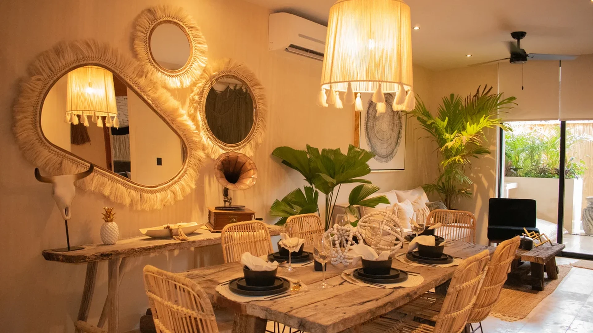 Image of Garden at Deja Vu, featuring Boho Dining Room, Rustic Wood Table.