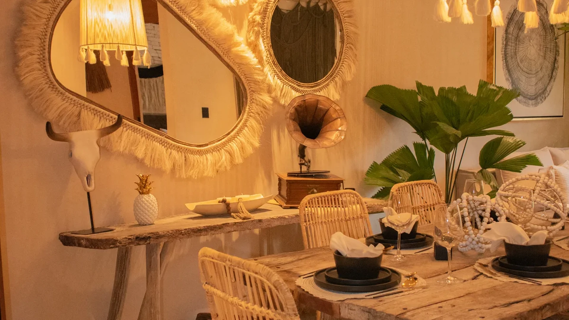 View of Dining Room at Deja Vu, showcasing Bohemian Decor, Rustic Design.