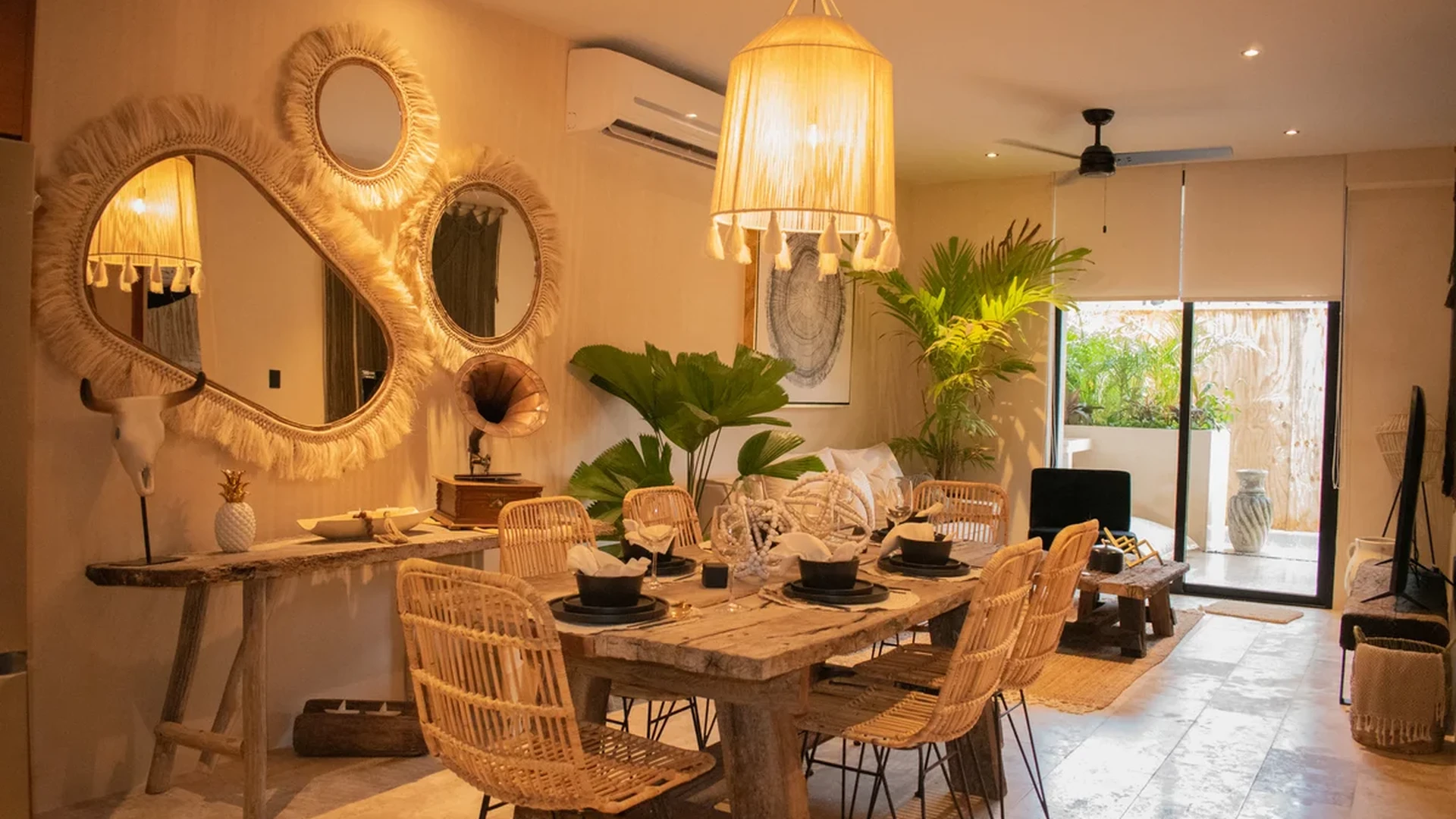 View of Dining Room at Deja Vu, showcasing Bohemian Decor, Rustic Design.