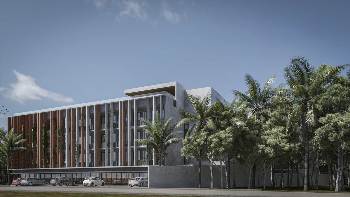 Image of Parking at Cautiva, featuring Modern Architecture, Apartment Building Exterior.