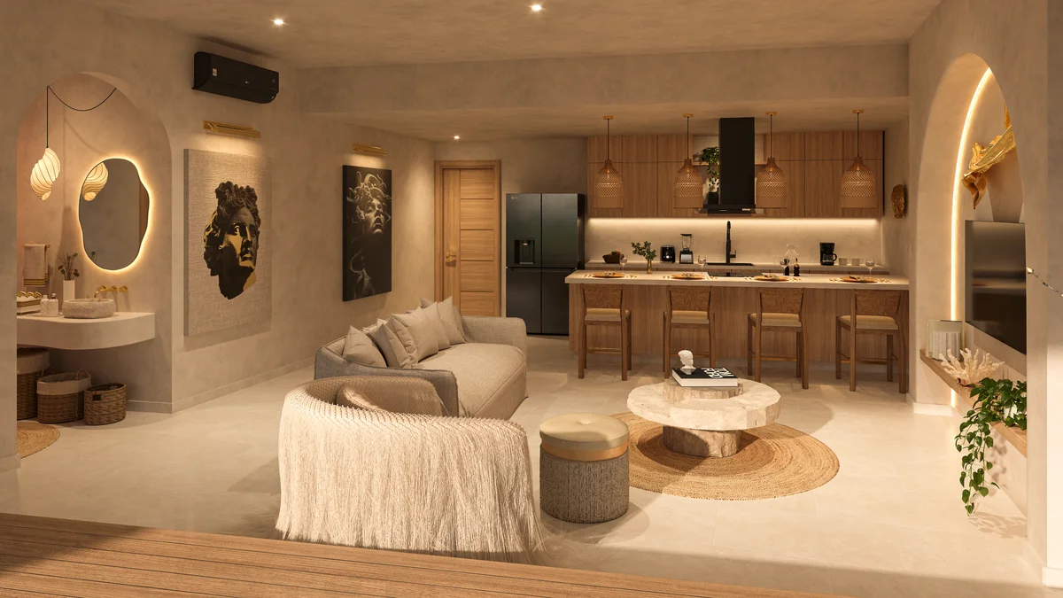 View of Open Concept Living at Afrodita, showcasing Modern Kitchen, Bohemian Decor.