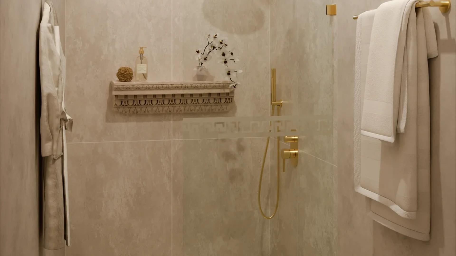 View of Luxury Bathroom at Afrodita, showcasing Walk-in Shower, Gold Fixtures.