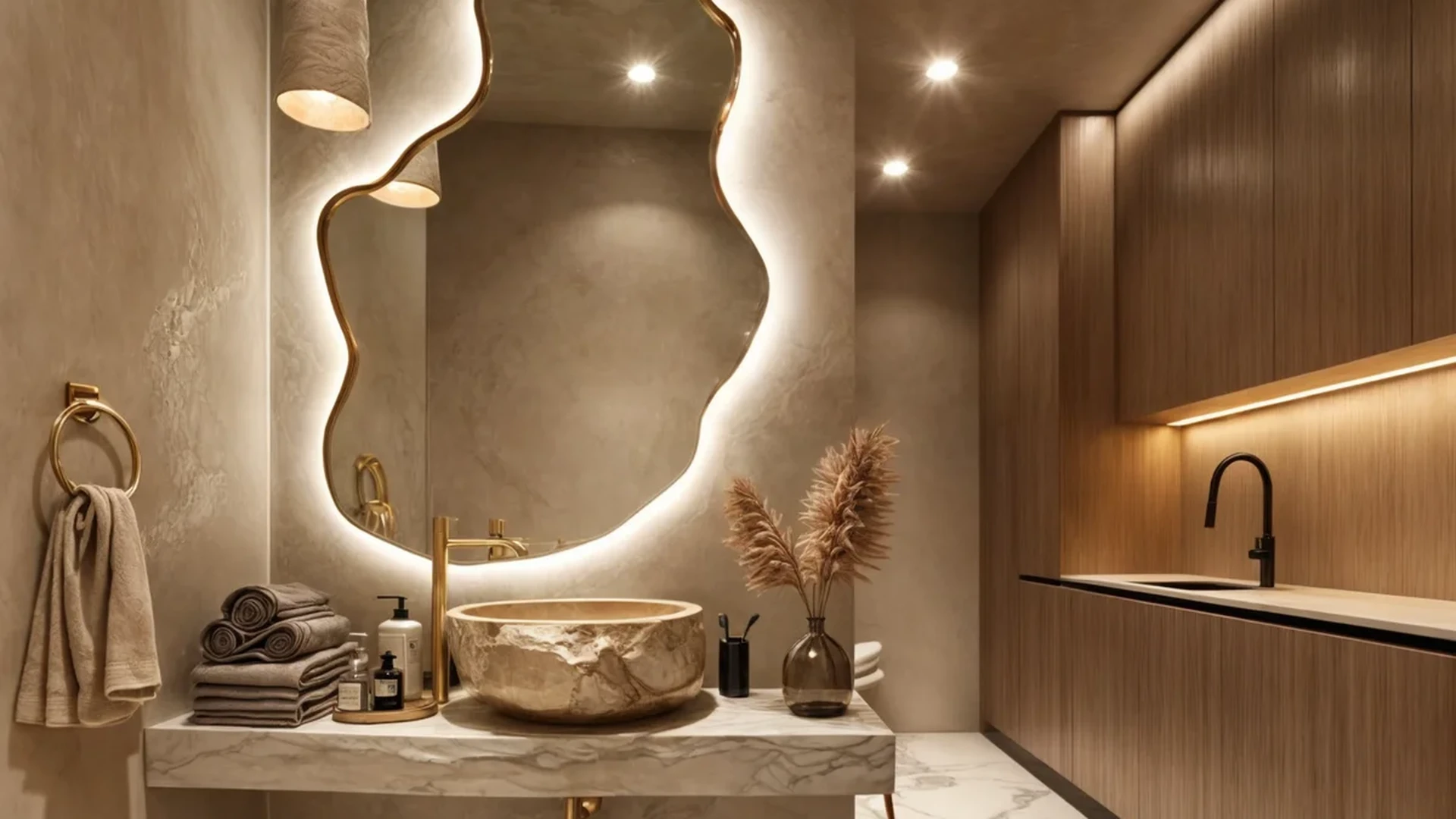 View of Luxury Bathroom at Afrodita, showcasing Modern Powder Room, Stone Vessel Sink.