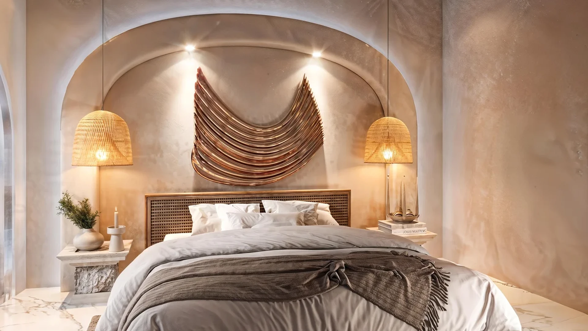 View of Luxury Bedroom at Afrodita, showcasing Wabi-Sabi Interior, Marble Flooring.