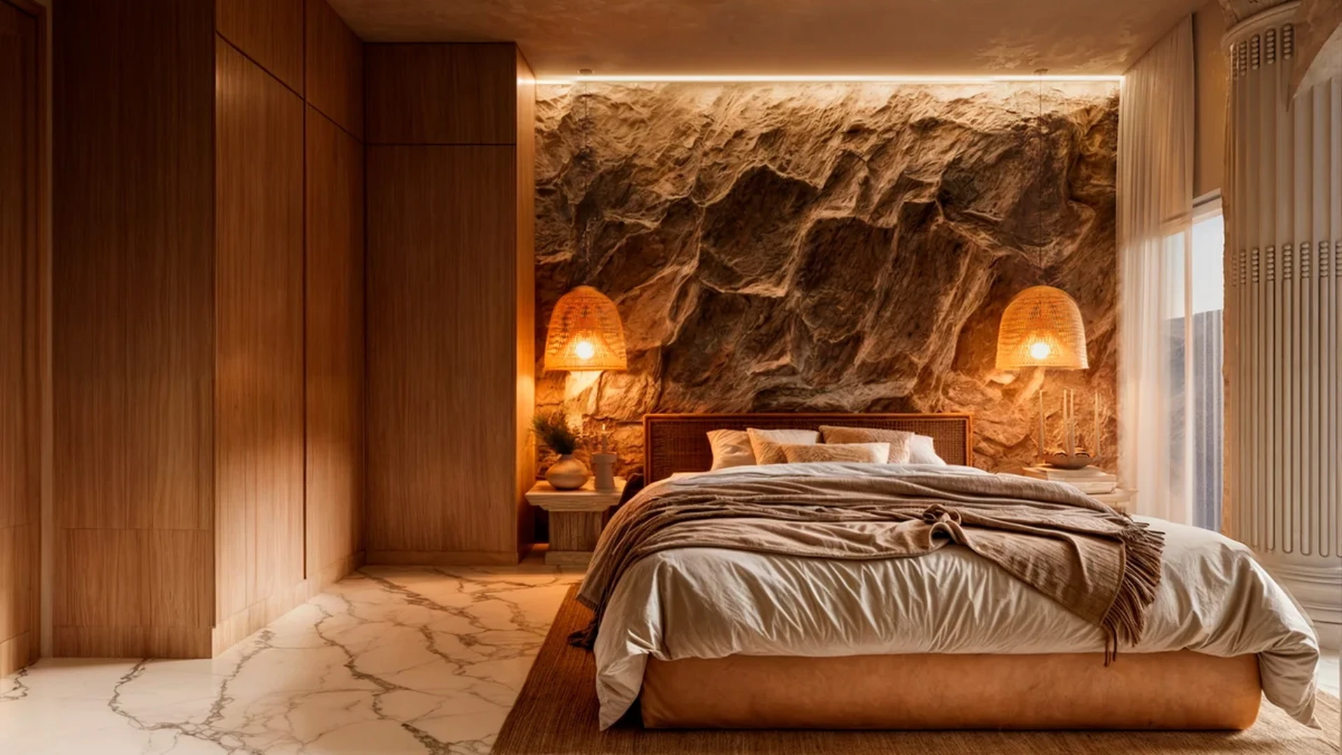 View of Luxury Bedroom at Afrodita, showcasing Stone Accent Wall, Marble Flooring.