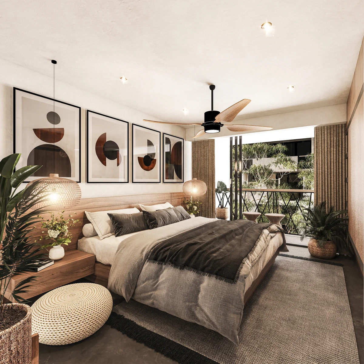 View of Modern Bedroom at Xiimbal, showcasing Boho Style Decor, Wooden Headboard.