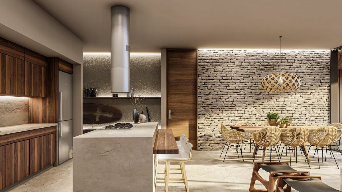 View of Open Concept Living at Nygma, showcasing Modern Kitchen, Stone Accent Wall.