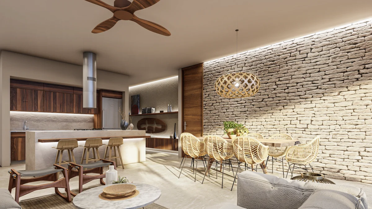 View of Open-Plan Living at Nygma, showcasing Stone Accent Wall, Modern Kitchen.