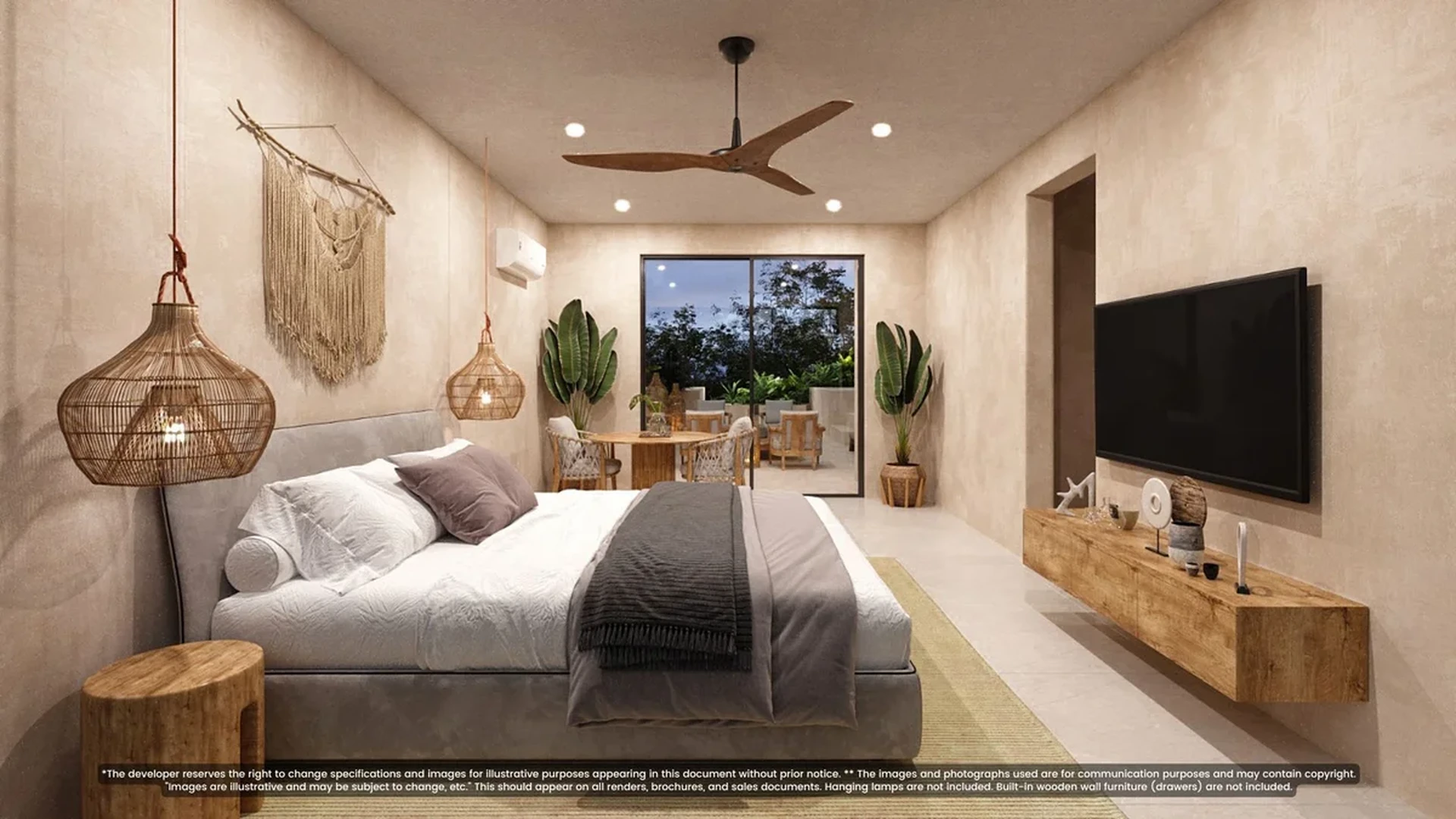 View of Modern Bedroom at Itza Selva 2, showcasing Bohemian Decor, Natural Materials.