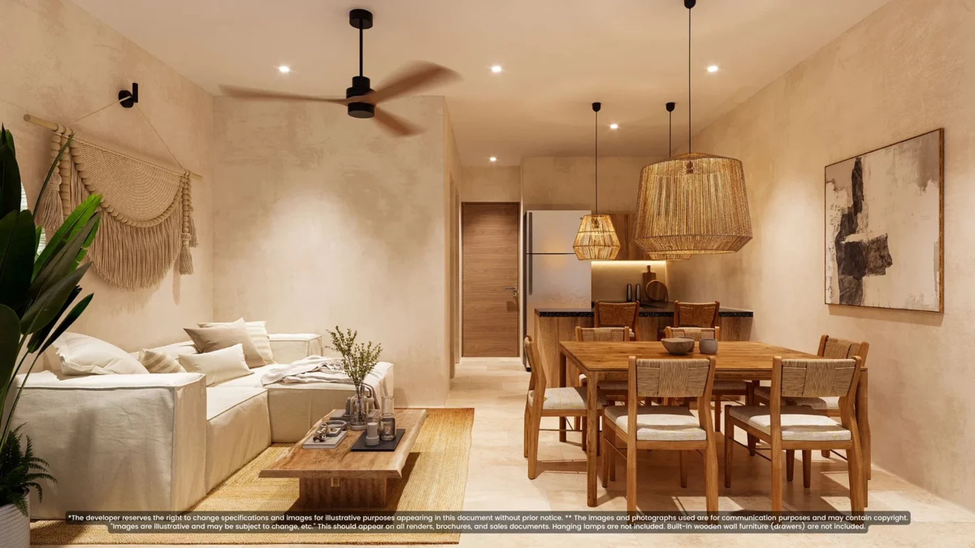 View of Open Concept Living at Itza Selva 2, showcasing Modern Interior Design, Bohemian Decor.