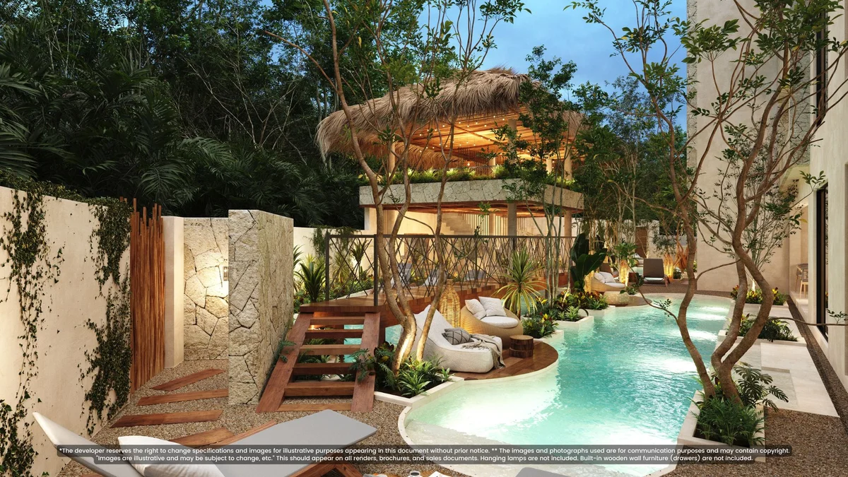 Image of Swimming Pool at Itza Selva 2, featuring Luxury Pool, Tropical Landscaping.