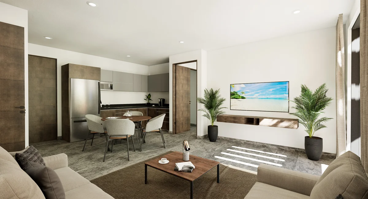 View of Open Concept Living at Artra, showcasing Modern Apartment, Living and Dining Area.