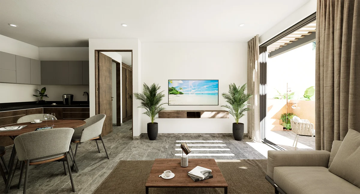 View of Open Concept Living at Artra, showcasing Modern Interior Design, Living and Dining Area.