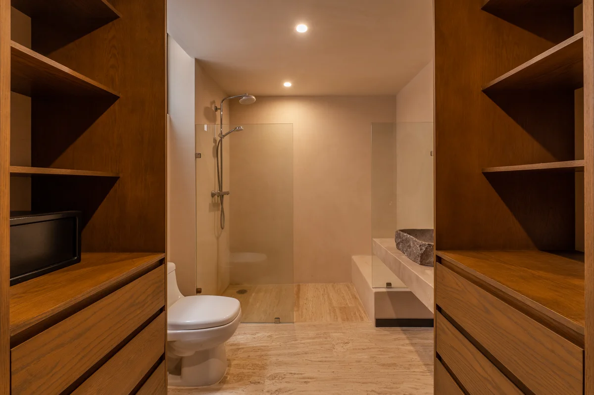 View of Modern Bathroom at Ophelia, showcasing Walk-in Closet, Walk-in Shower.